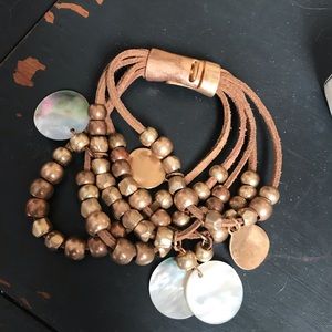 Leather and abalone gold satin bracelet